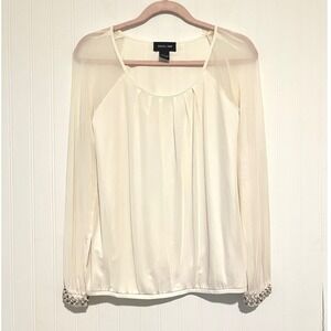 Focus 2000 Blouse Womens Small Ivory Sheer Sleeve Pearl Cuff Pleated office wear